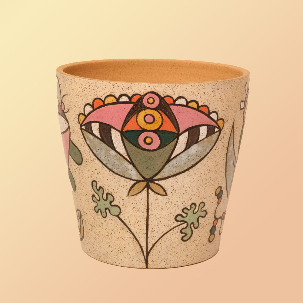 Glazed Stoneware Planter with Cosmic Flower Pattern