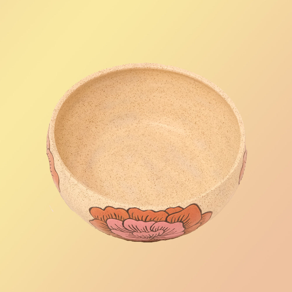 Glazed Stoneware Fruit Bowl with Peony Pattern