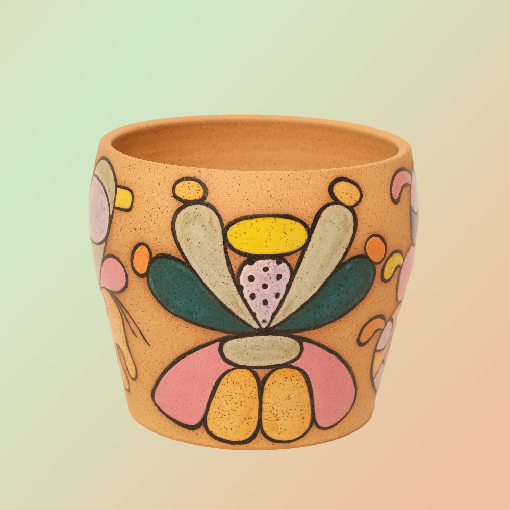 Glazed Stoneware Planter with Cosmic Flower Pattern