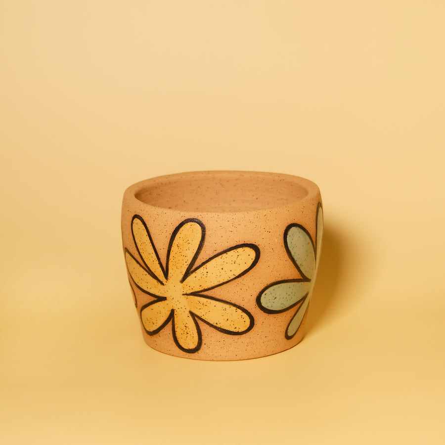 Glazed Stoneware Planter with Flower Pattern