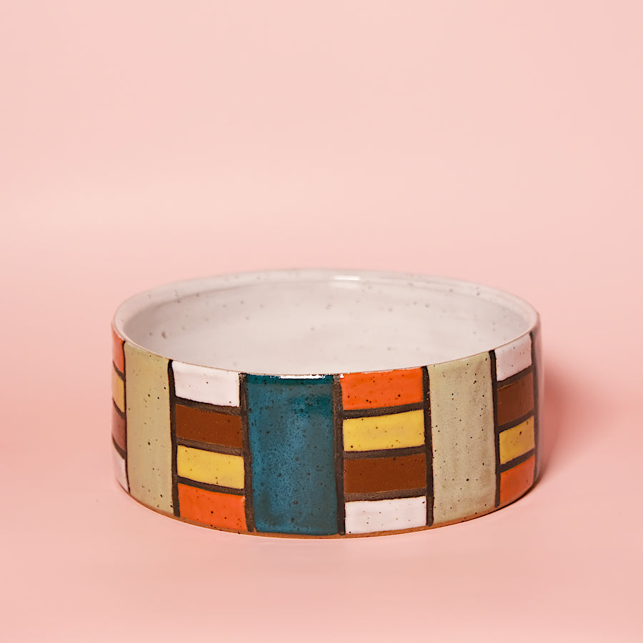 Glazed Stoneware Dog Bowl with Brick Pattern