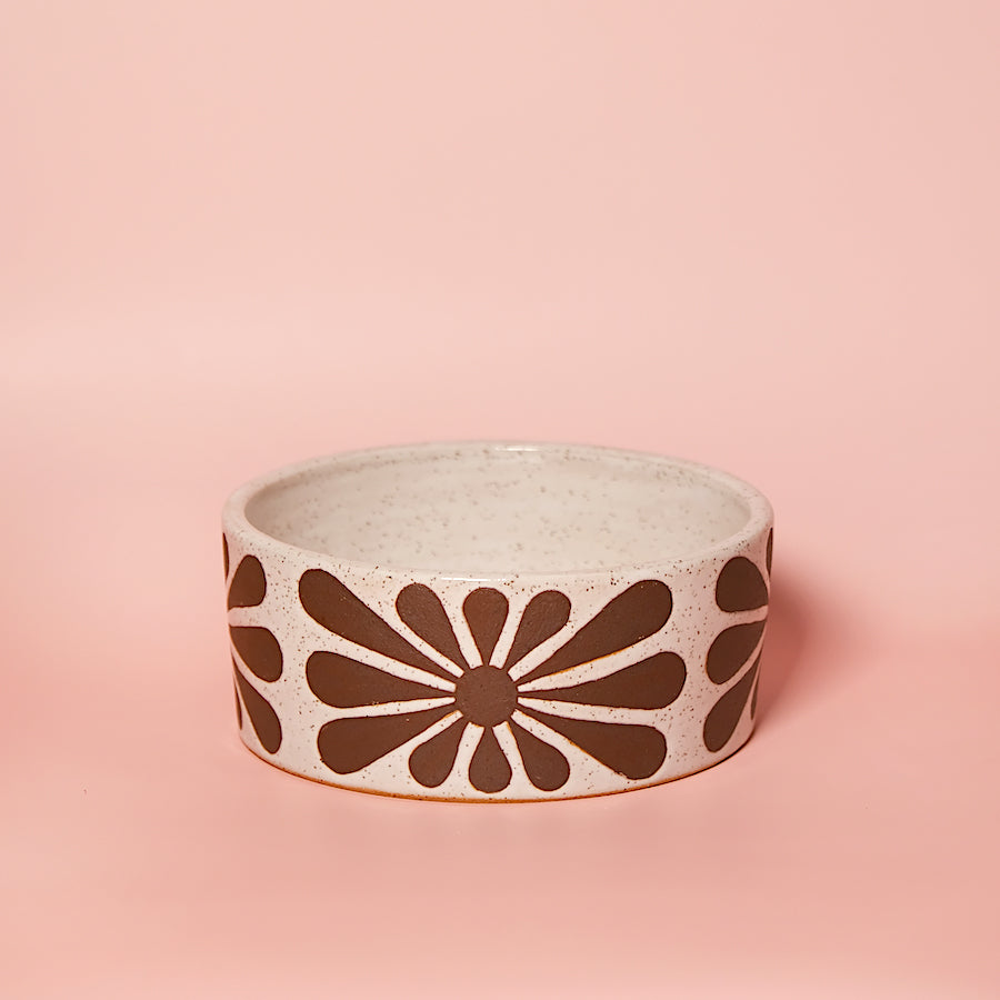 Glazed Stoneware Dog Bowl with Mod Flower Pattern