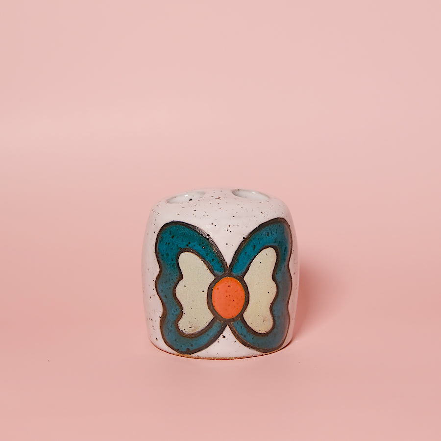 Glazed Stoneware Toothbrush Holder with Butterfly Pattern