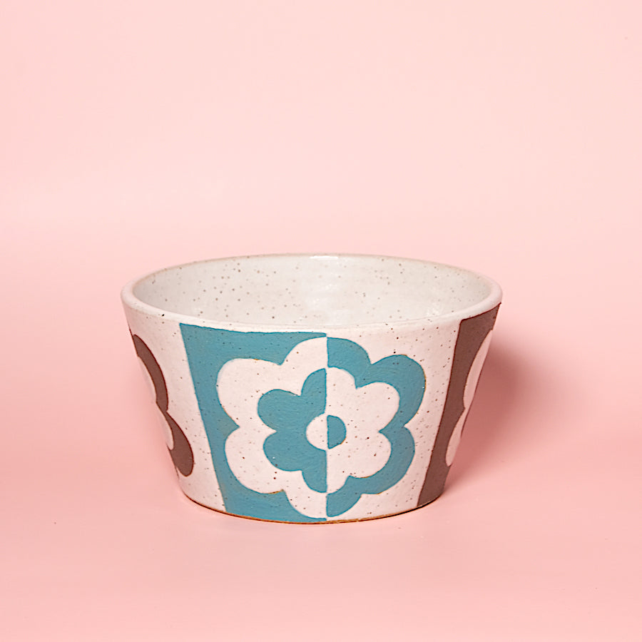 Glazed Stoneware Cereal Bowl with Op Art Flower Pattern