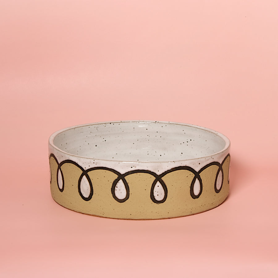 Glazed Stoneware Dog Bowl with Loop Pattern
