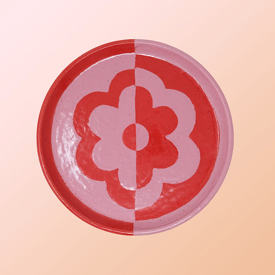 Glazed Stoneware Plate with Op Art Flower Pattern