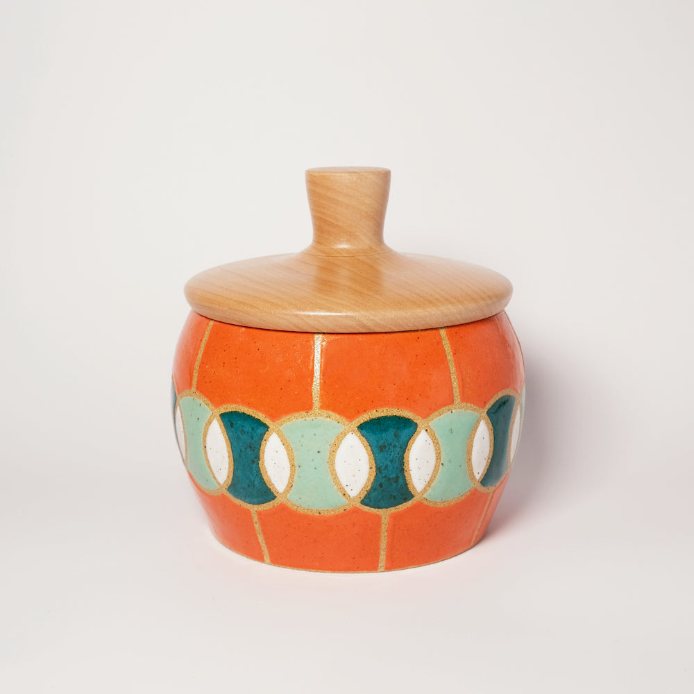 Glazed Stoneware Jar with Overlapping Circles Pattern