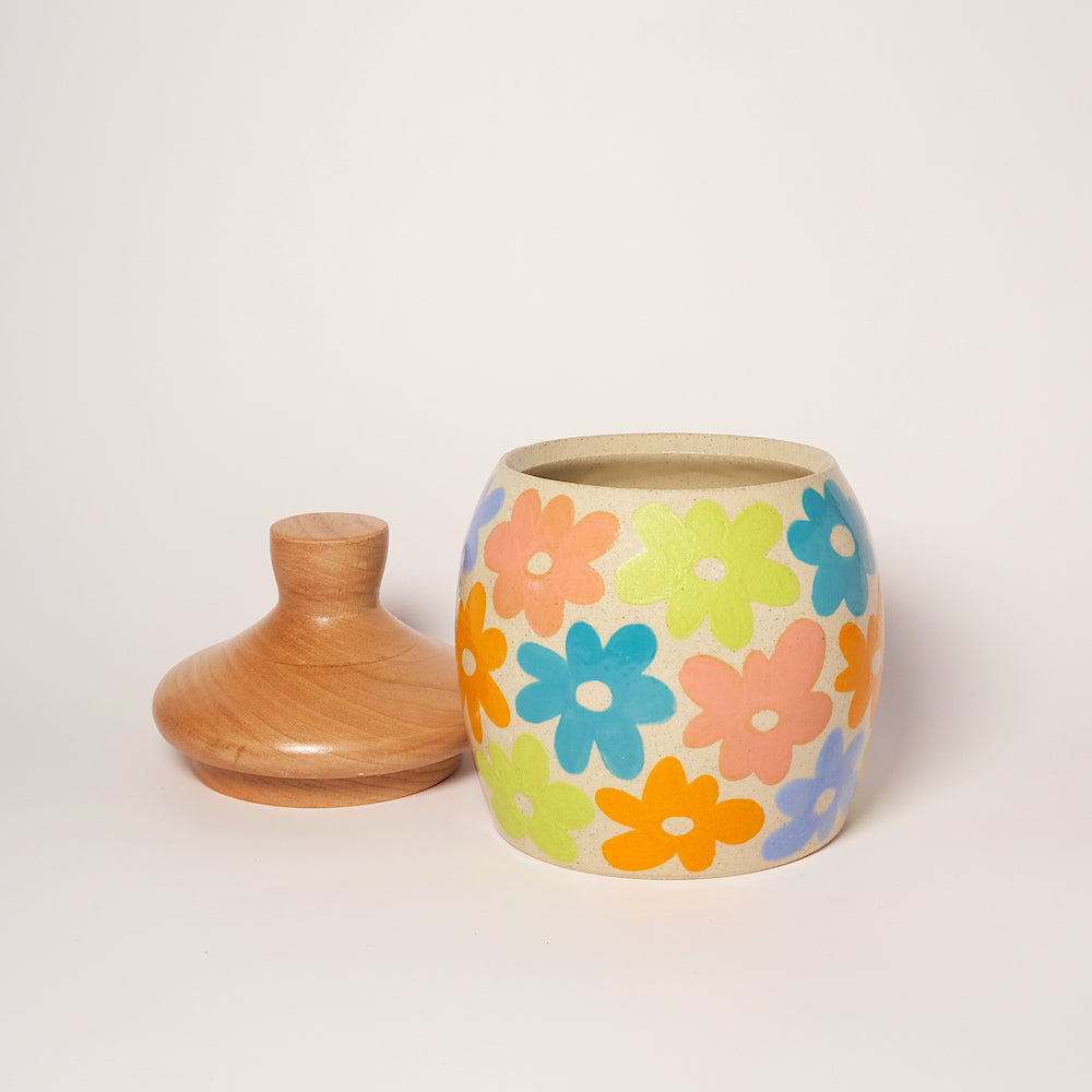 Glazed Stoneware Jar with Colorful Flower Pattern (1)