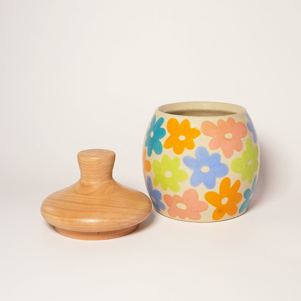 Glazed Stoneware Jar with Colorful Flower Pattern (2)