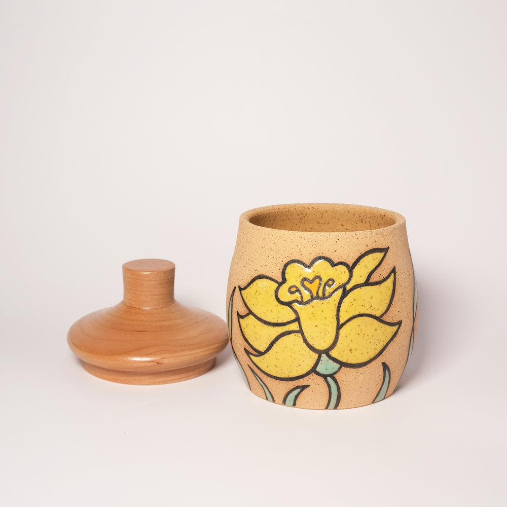 Glazed Stoneware Jar with Daffodil Pattern