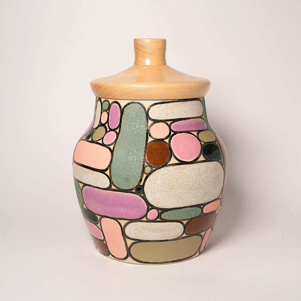 Glazed Stoneware Jar with Oval and Circle Pattern