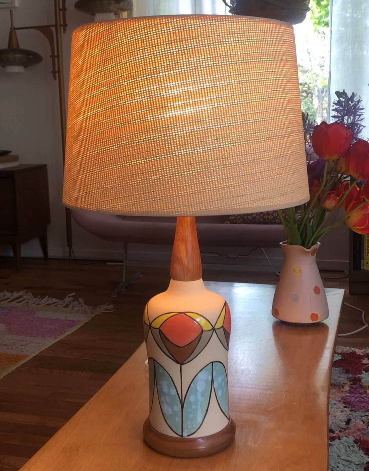 Glazed Stoneware Lamp with Tulip Pattern
