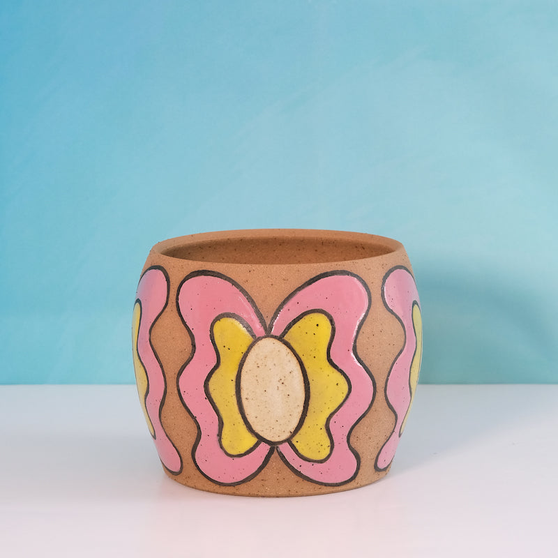Glazed Stoneware Planter with Butterfly Pattern