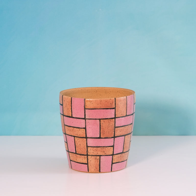 Glazed Stoneware Planter with Brick Pattern