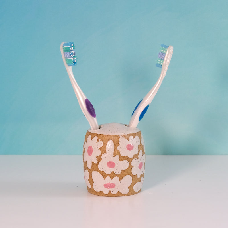 Glazed Stoneware Toothbrush Holder with Flower Pattern