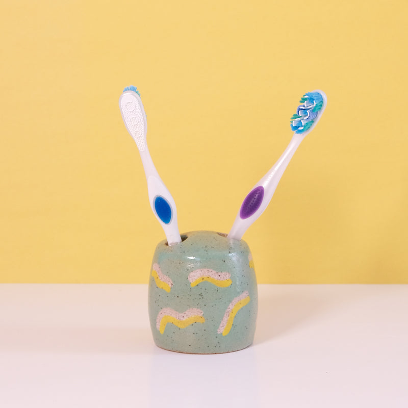 Glazed Stoneware Toothbrush Holder Squigle Pattern