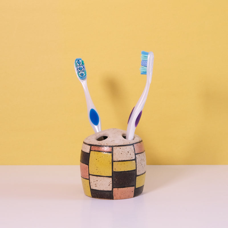 Glazed Stoneware Toothbrush Holder with Brick Pattern (second)
