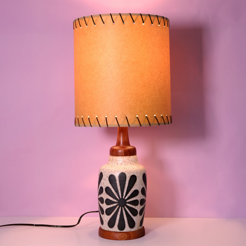 Glazed Stoneware Table Lamp with Mod Flower Pattern