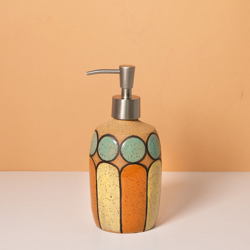 Glazed Stoneware Soap Dispenser with Mid Century Pattern