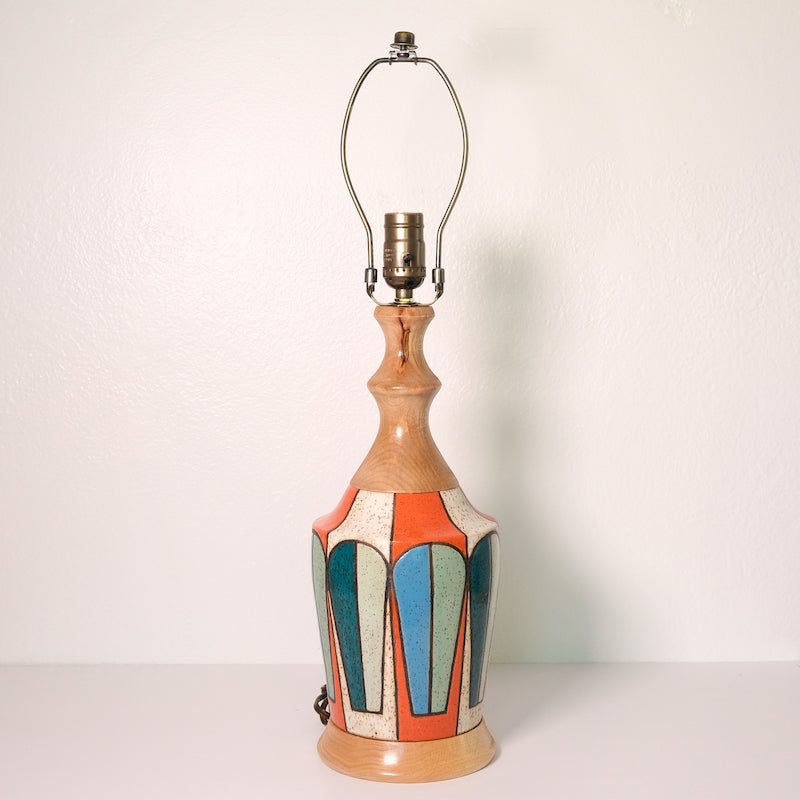 Glazed Stoneware Table Lamp with Mid Century Pattern