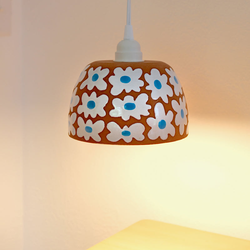 Glazed Stoneware Pendant Lamp with Flower Pattern