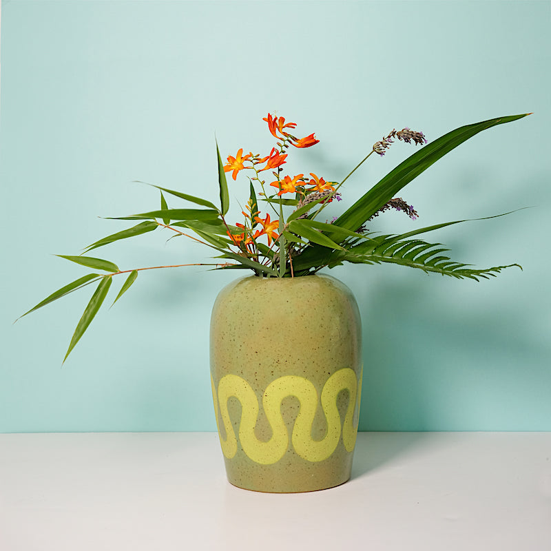 Glazed Stoneware Vase with Wave Pattern