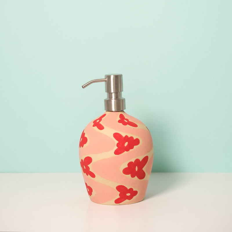 Glazed Stoneware Soap Dispenser with Wavy Flower Pattern