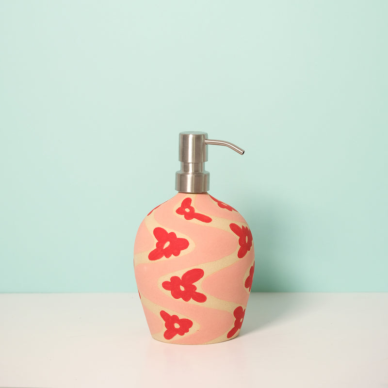 Glazed Stoneware Soap Dispenser with Wavy Flower Pattern