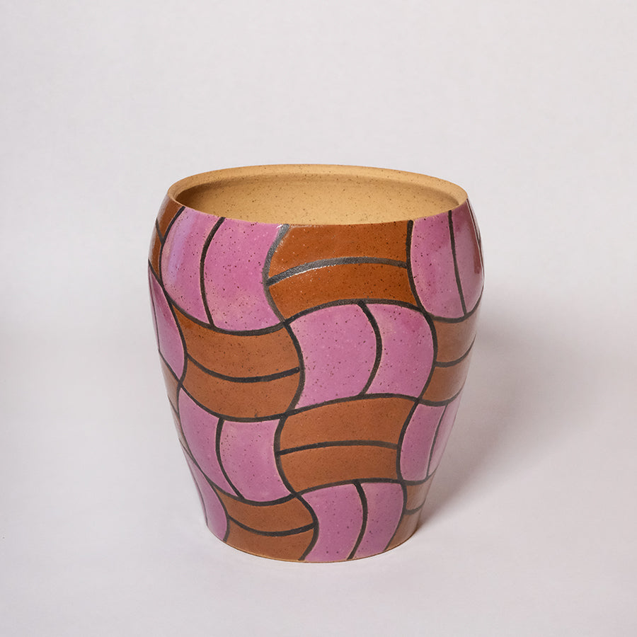 Glazed Stoneware Planter with Wavy Checker Pattern