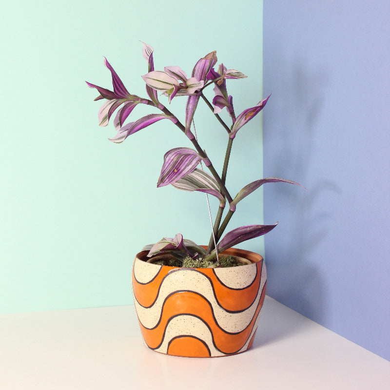 Glazed Stoneware Planter with Wavy Line Pattern