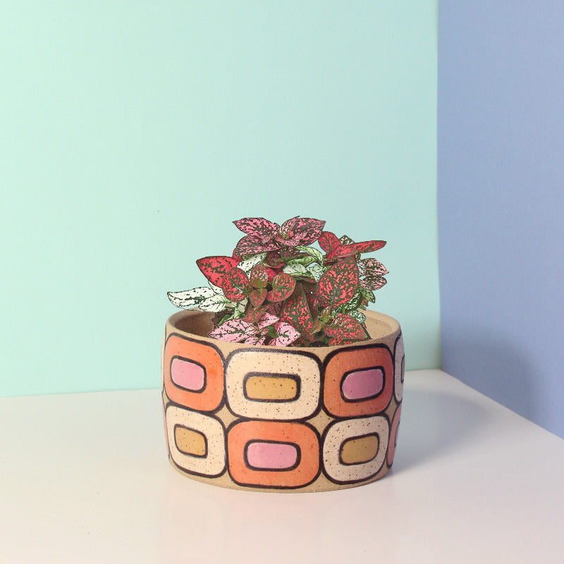Glazed Stoneware Planter with Square Tile Pattern