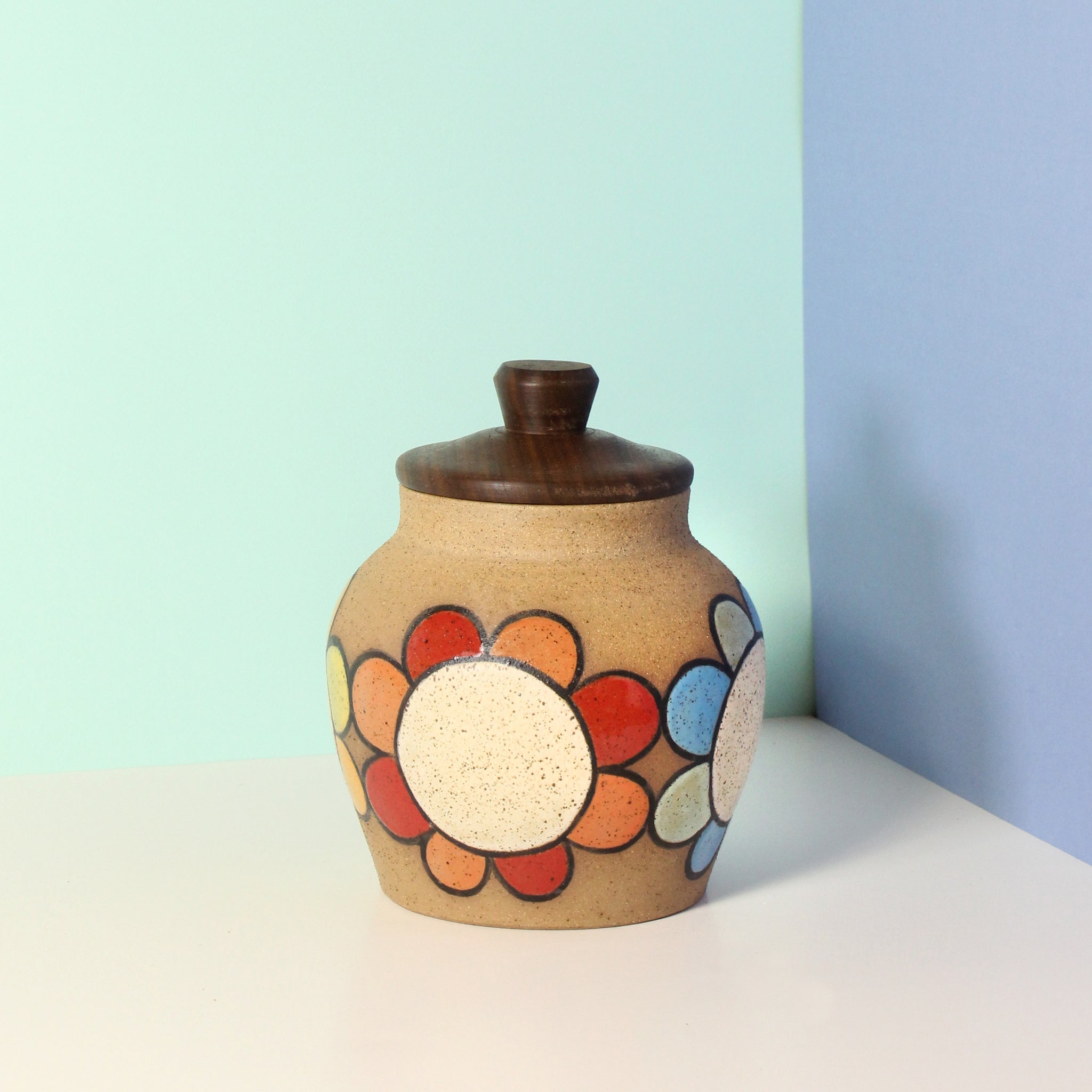 Glazed Stoneware Jar with Flower Pattern