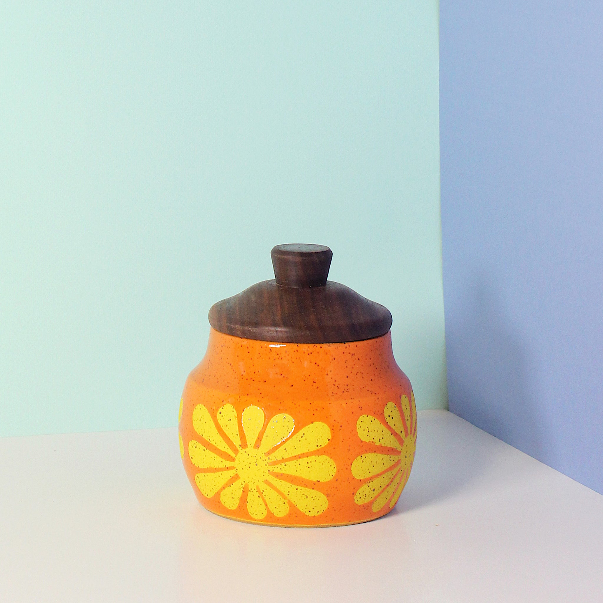 Glazed Stoneware Jar with Mod Flower Pattern