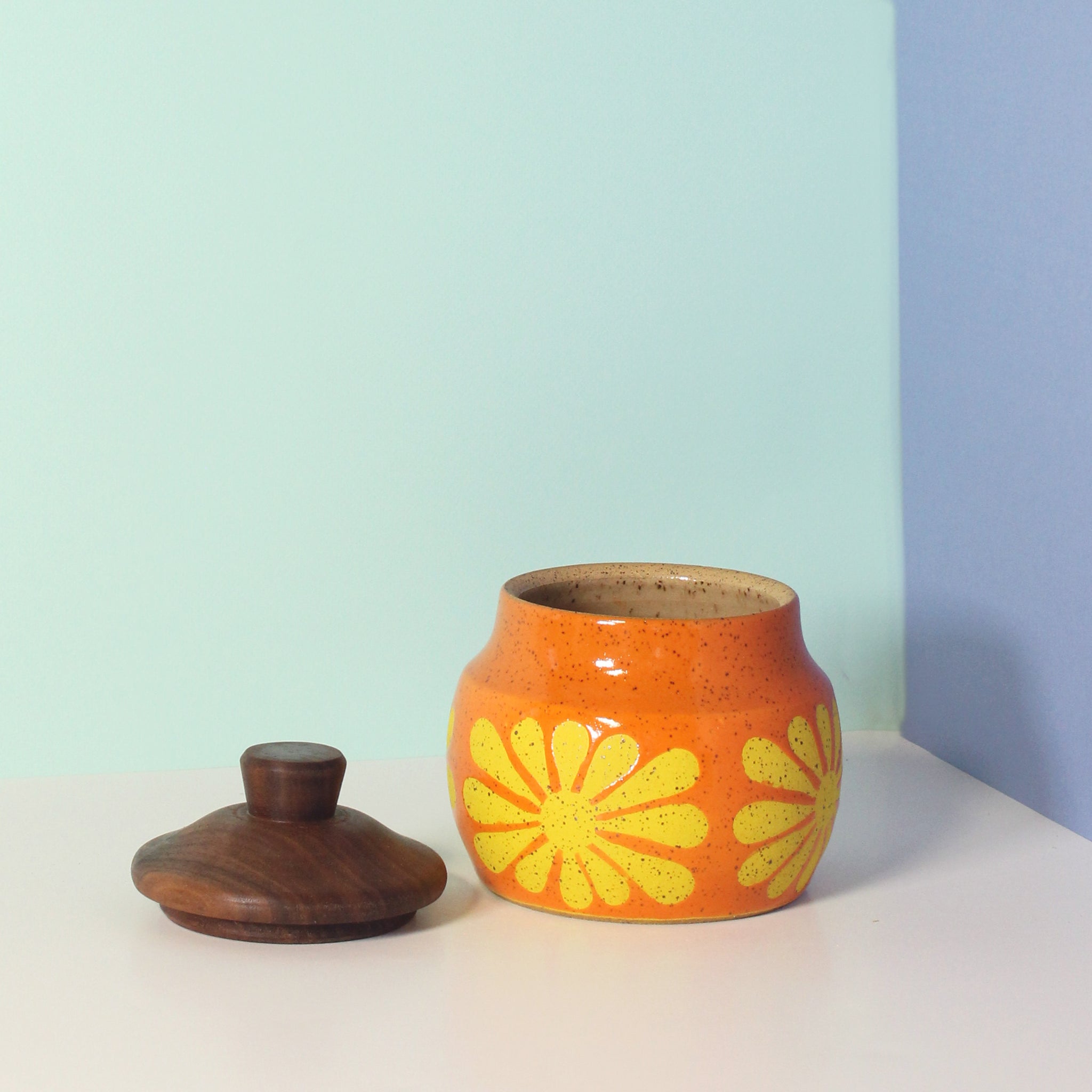 Glazed Stoneware Jar with Mod Flower Pattern