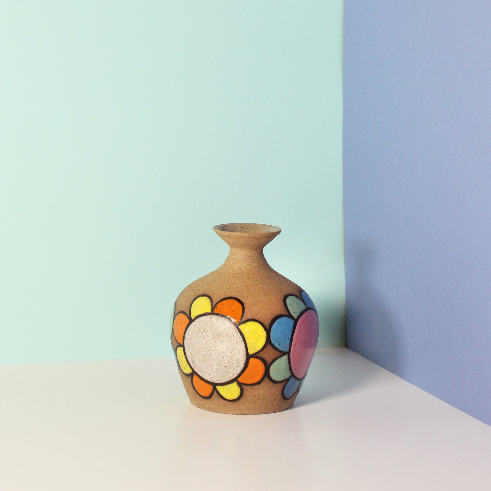 Glazed Stoneware Bud Vase with Flower Pattern
