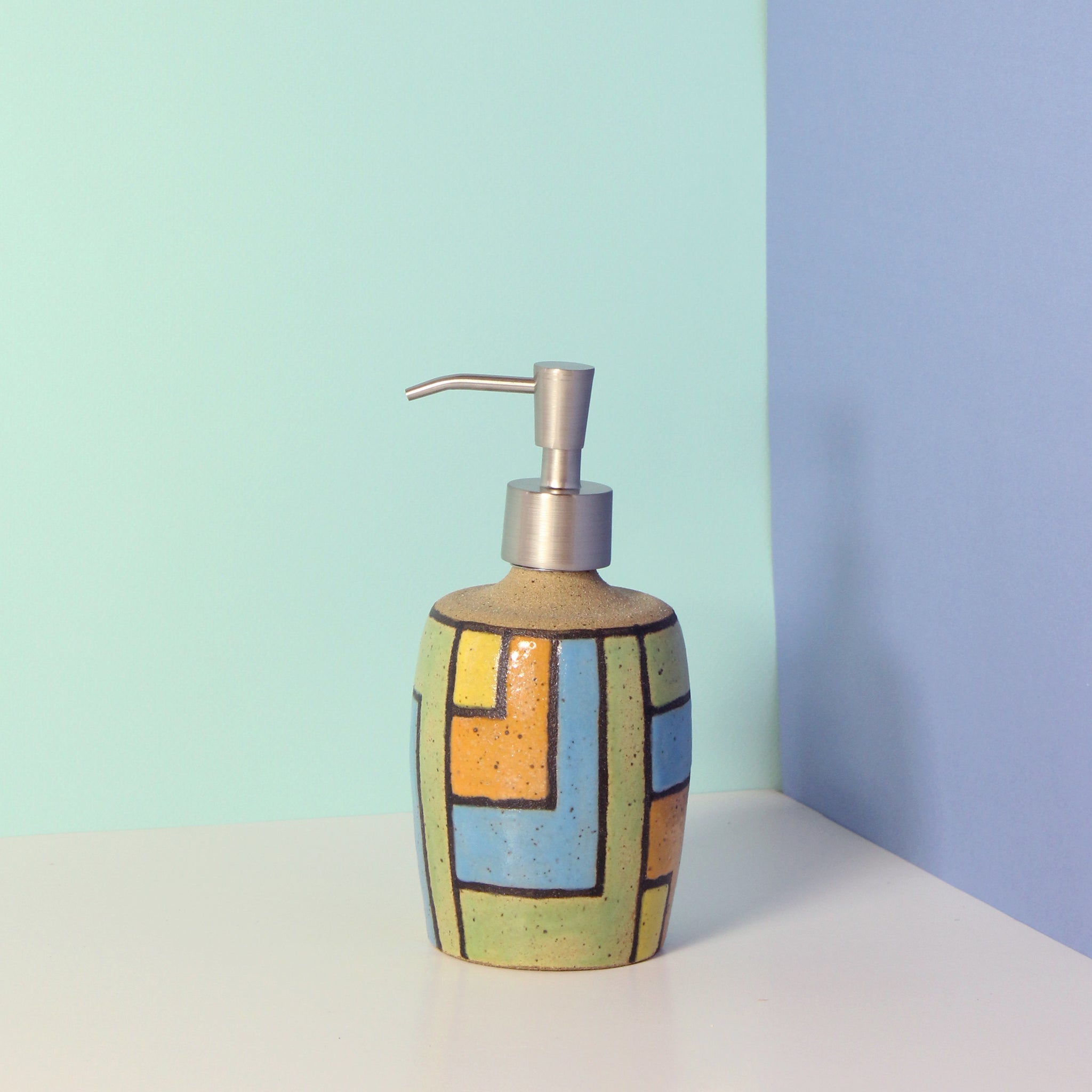 Glazed Stoneware Soap Dispenser with Nested Rectangles Pattern