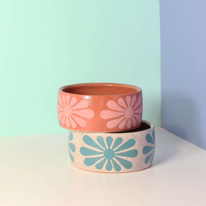 Glazed Stoneware Dog Bowl with Mod Flower Pattern
