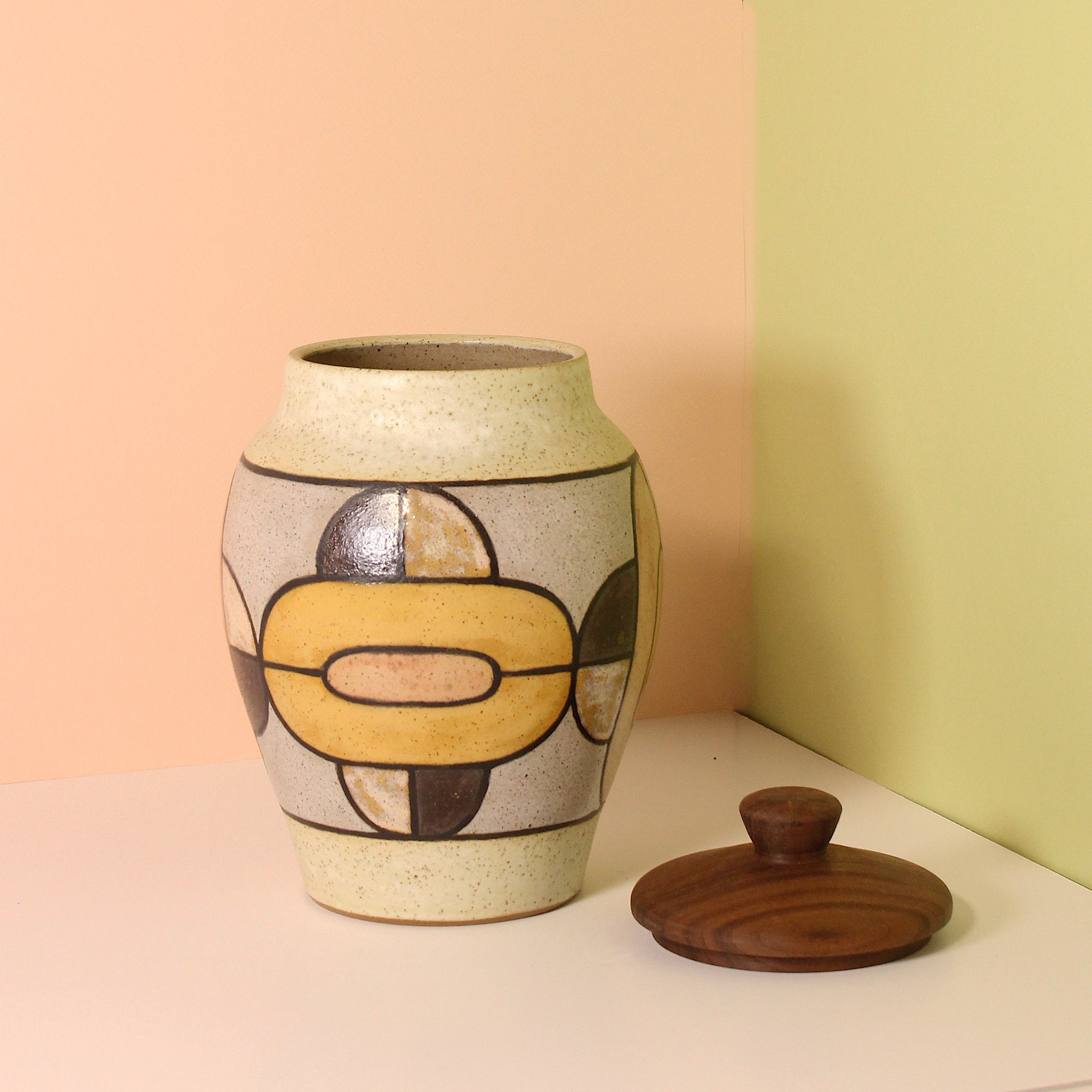 Glazed Stoneware Jar with Art Deco Oval Pattern