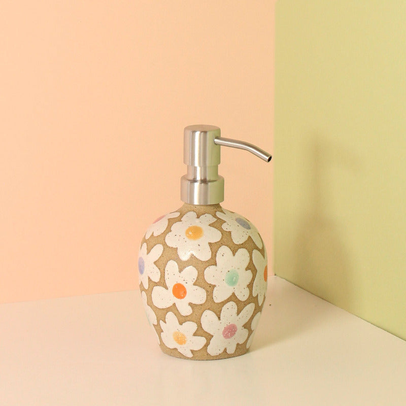 Glazed Stoneware Soap Dispenser with Flower Pattern
