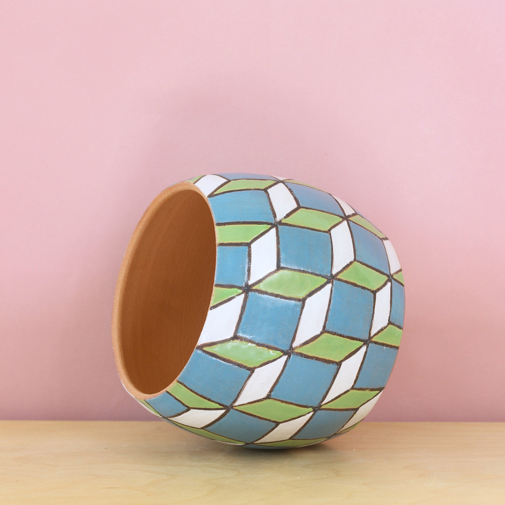 Glazed Stoneware Pot with Cube Pattern
