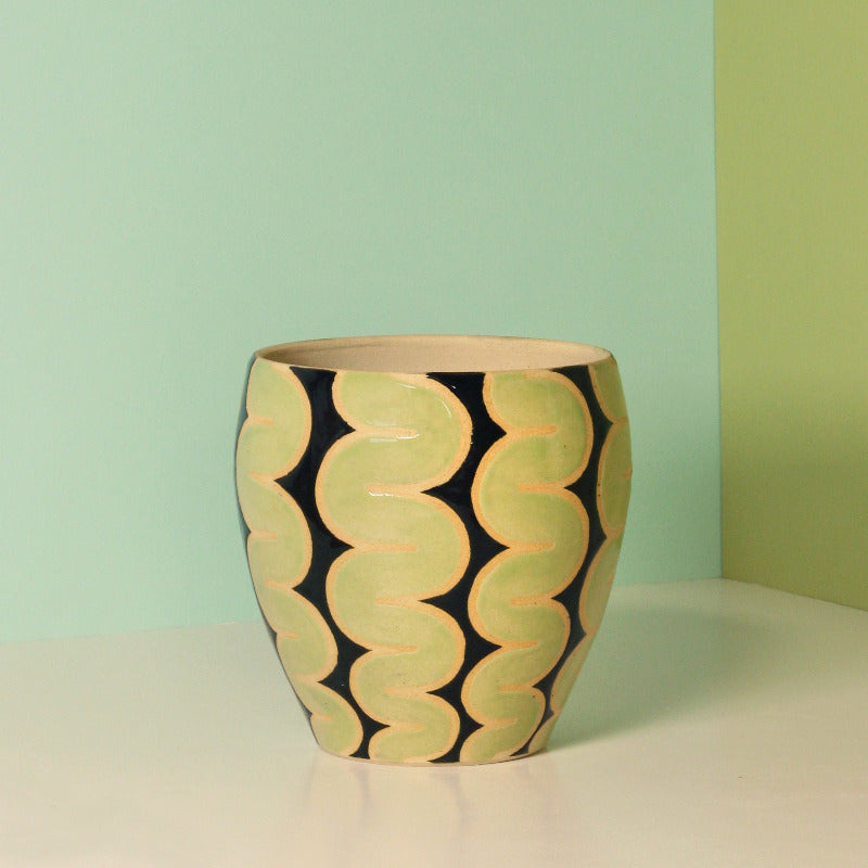 Glazed Stoneware Planter with Chubby Squiggle Pattern