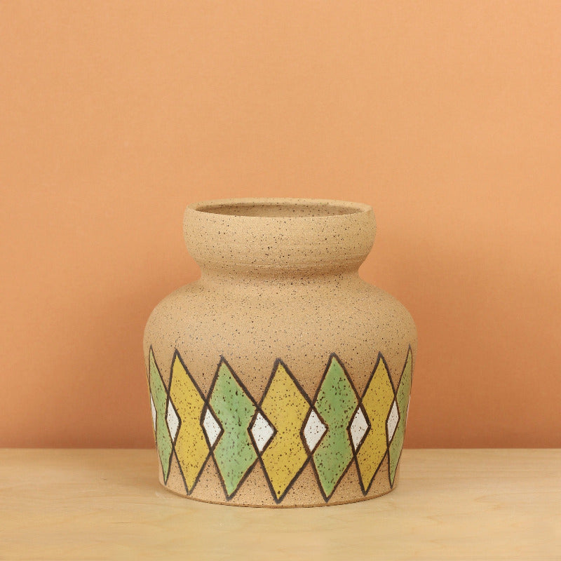 Glazed Stoneware Vase with Overlapping Diamond Pattern