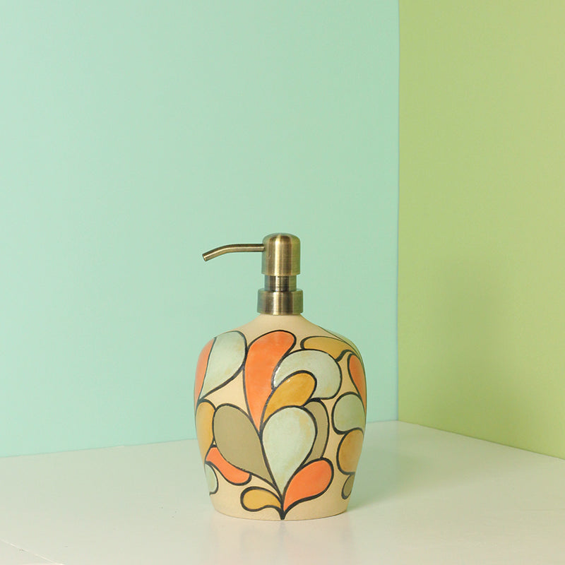Glazed Stoneware Soap Dispenser with Abstract Foliage