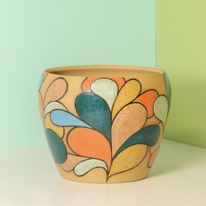 Glazed Stoneware Planter with Abstract Foliage