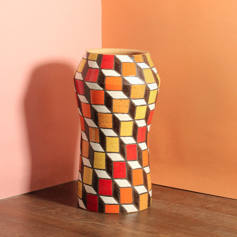 Glazed Stoneware Vase with Cube Pattern