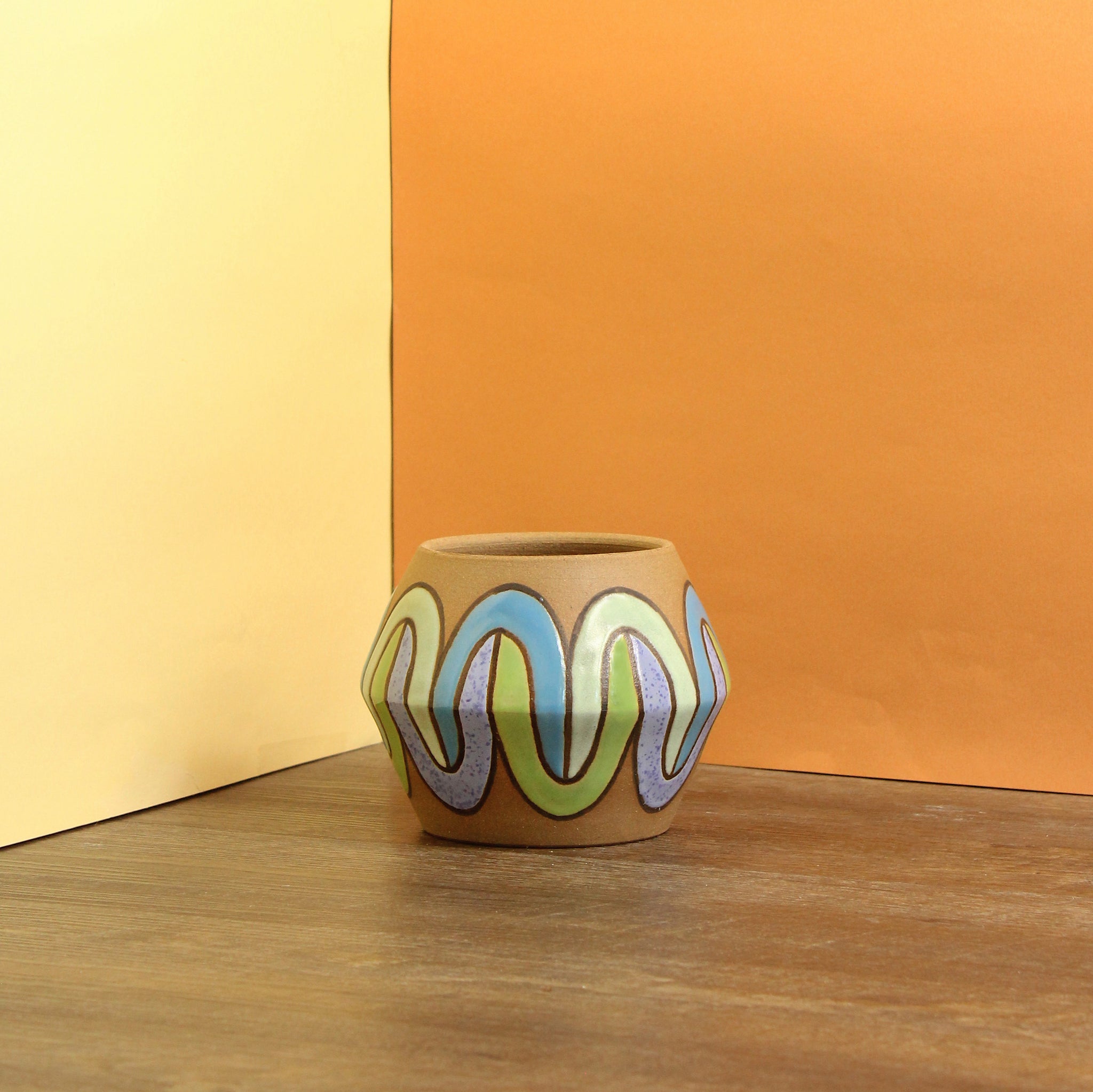 Glazed Stoneware Pot with Overlapping Horseshoe Pattern