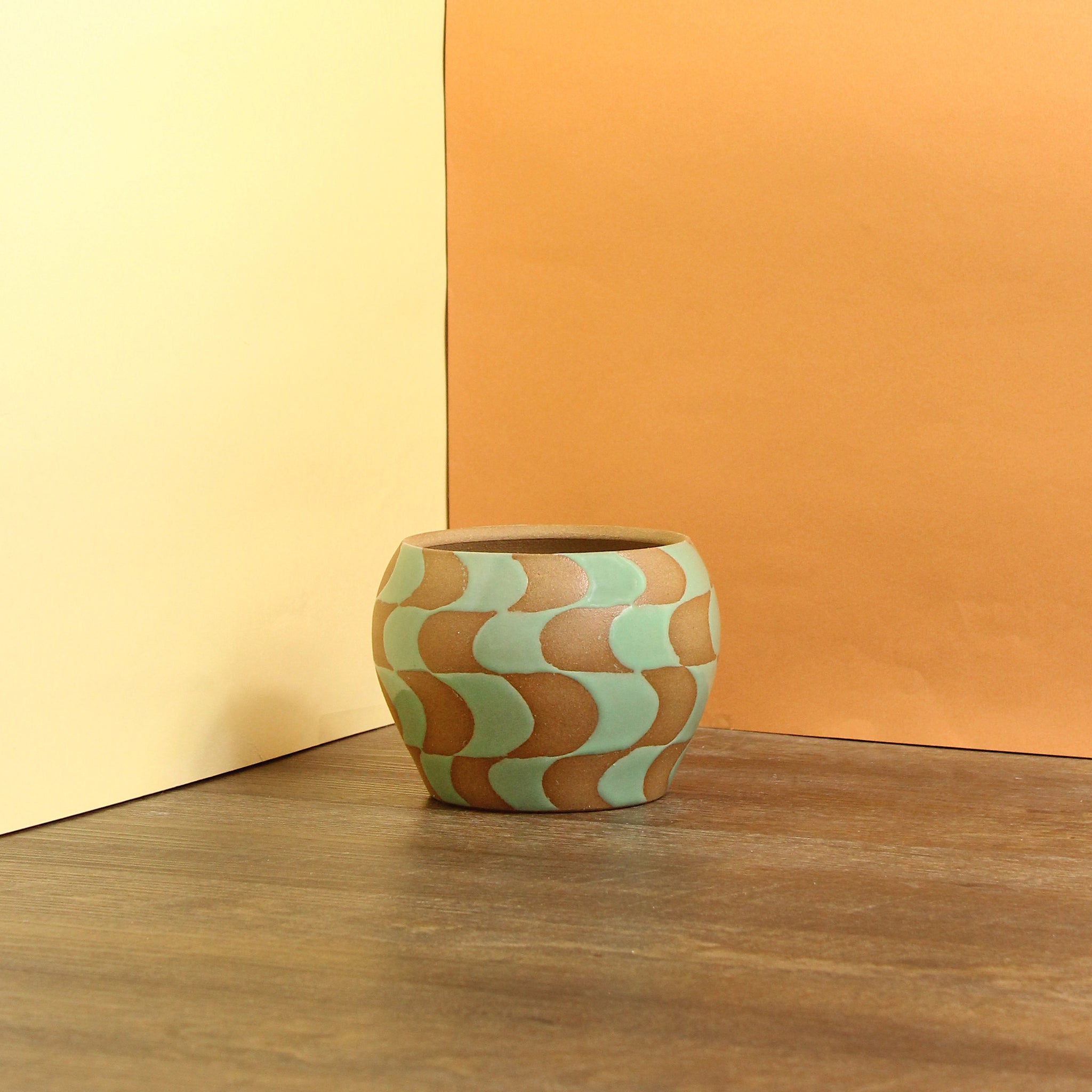 Glazed Stoneware Pot with Wavy Checker Pattern