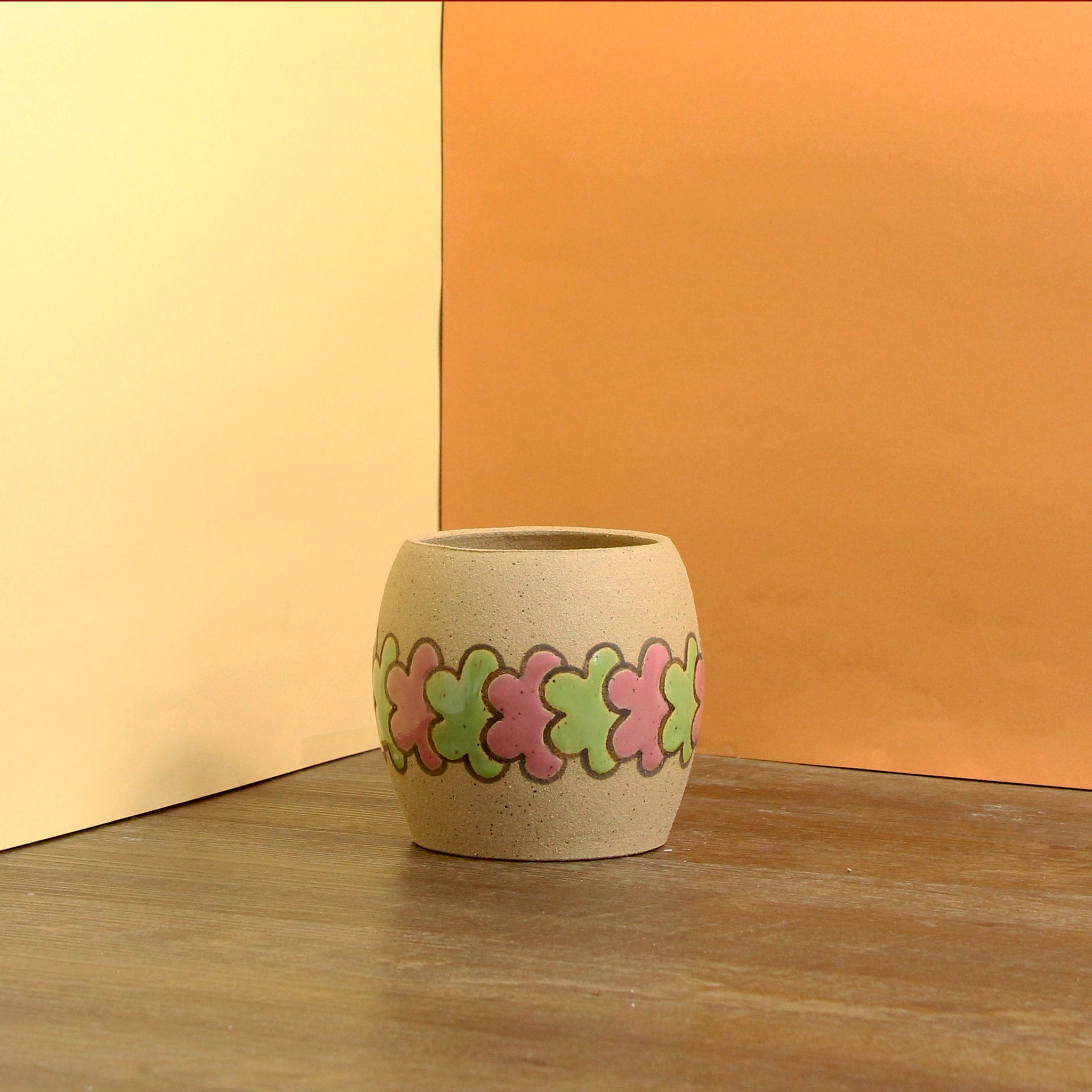 Glazed Stoneware Pot with Overlapping Flower Pattern