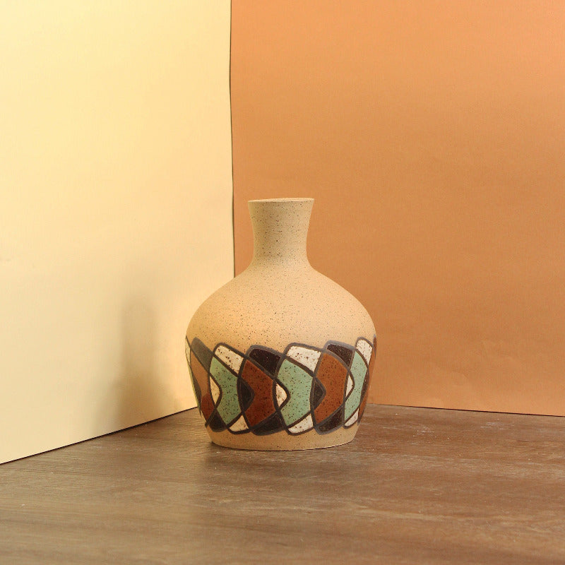 Glazed Stoneware Vase with Boomerang Pattern