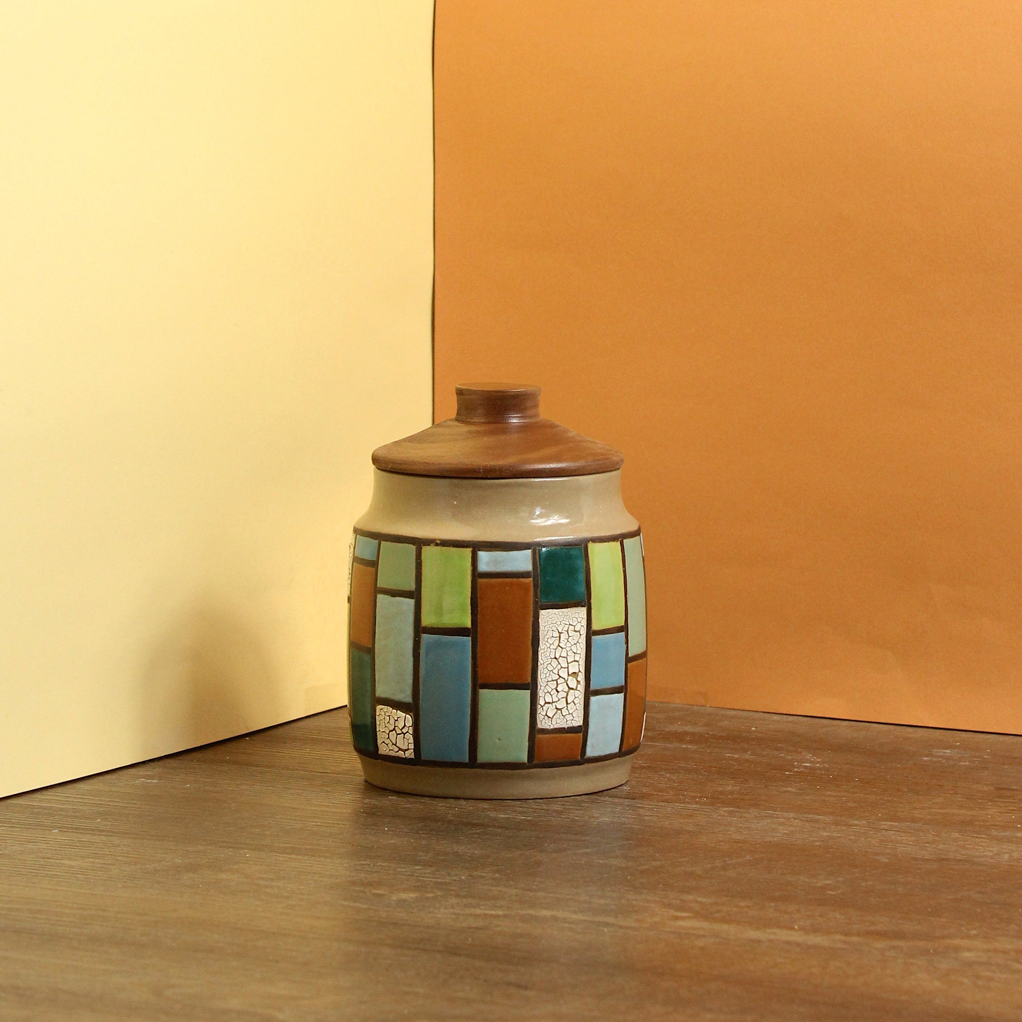Glazed Stoneware Jar with Brick Pattern